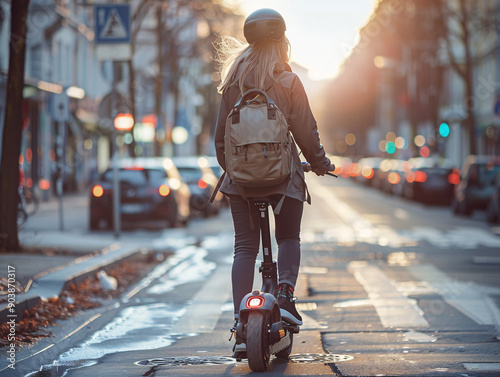 Commuting in Style: Woman Riding an Electric Scooter through a Busy City Street at Sunset, Embracing Eco-Friendly Urban Mobility with a Backpack and Protective Gear