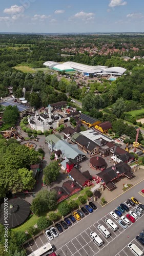 Wide aerial dolly shot of Gullivers Land, Willen, Milton Keynes