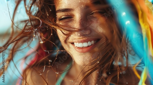 A woman smiling widely, her hair flowing and surrounded by water droplets, embodies the pure joy and freedom of summer, with a vibrant and colorful backdrop highlighting the scene. photo