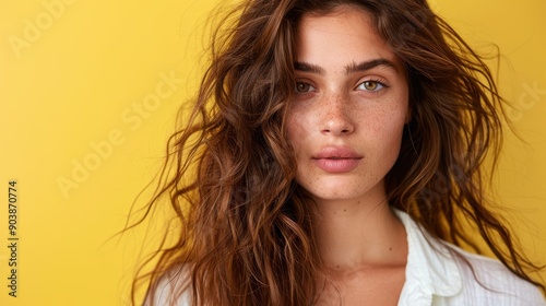 A portrait of a woman with freckles against a yellow backdrop, her natural beauty highlighted by the vibrant color, encapsulating the essence of youth, simplicity, and fresh elegance.