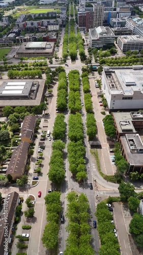 Aerial overhead shot of cars driving down Avebury Boulevard in Milton Keynes City Centre