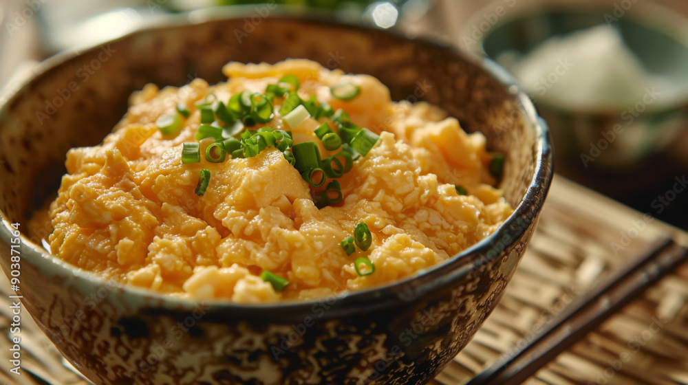 A close-up of a bowl filled with creamy scrambled eggs, garnished with fresh chives, on a rustic wooden table. A close-up of a bowl filled with creamy scrambled eggs, garnished with fresh chives, on a rustic wooden table.