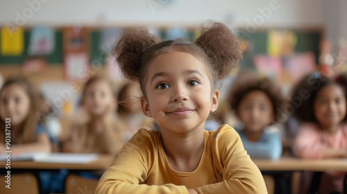 A young girl with brown hair is listening to her teacher very attentively