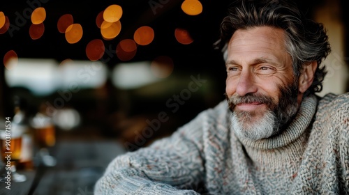 A man with a grey beard and sweater enjoys a relaxed evening drink at a cozy establishment, his contented smile reflecting a sense of satisfaction and leisure in a warm atmosphere.