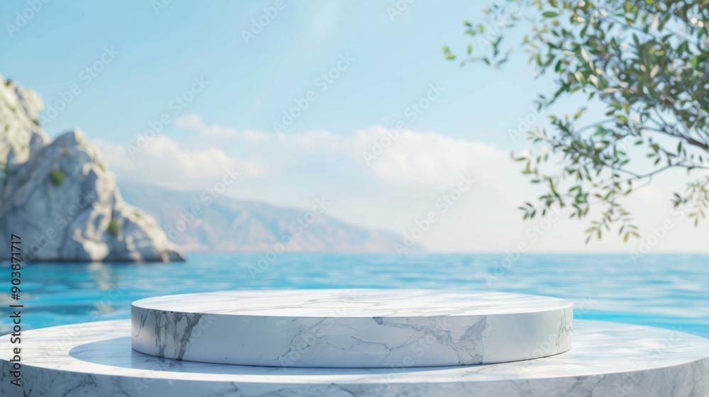 A stunningly beautiful podium, elegantly set against a serene coastal backdrop, featuring exquisite marble texture and tranquil waters, perfect for various presentations or captivating photoshoots A stunningly beautiful podium, elegantly set against a serene coastal backdrop, featuring exquisite marble texture and tranquil waters, perfect for various presentations or captivating photoshoots
