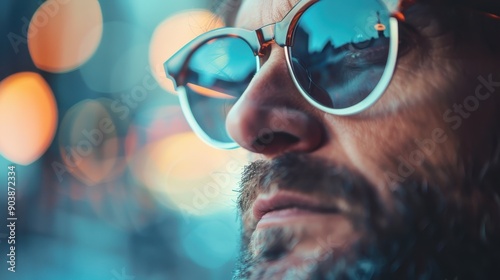 An eye-catching close-up shot featuring a pair of modern eyeglasses against a dreamy background of colorful bokeh lights, highlighting vision, style, and creativity. photo