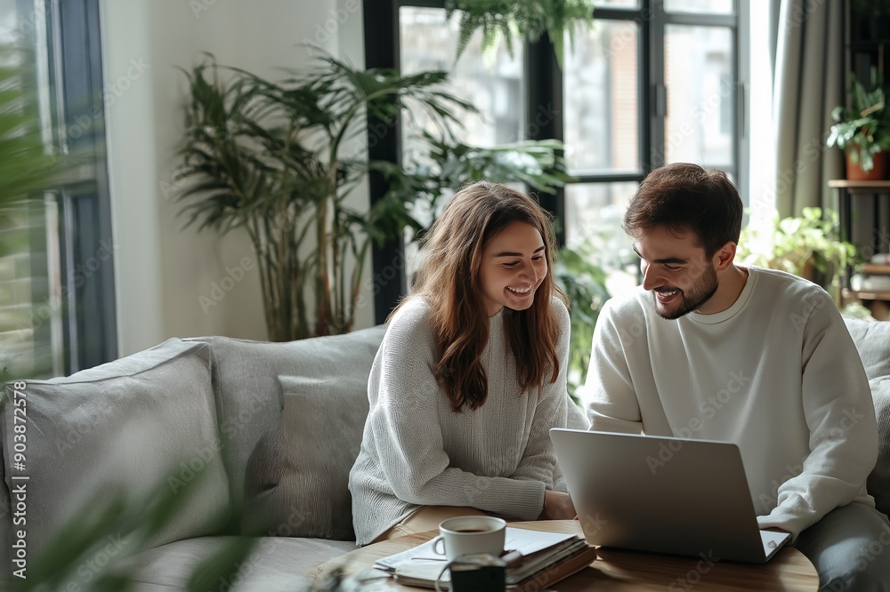 Happy couple working on laptop, bright living room, casual attire, green plants, natural light, cozy home environment, copy space
Happy couple working on laptop, bright living room, casual attire, green plants, natural light, cozy home environment, copy space