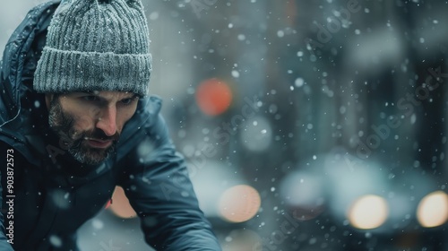 A person braving snowy weather, dressed in warm clothing and a knit hat, embodying the spirit of resilience, winter adventures, and enduring the elements. photo