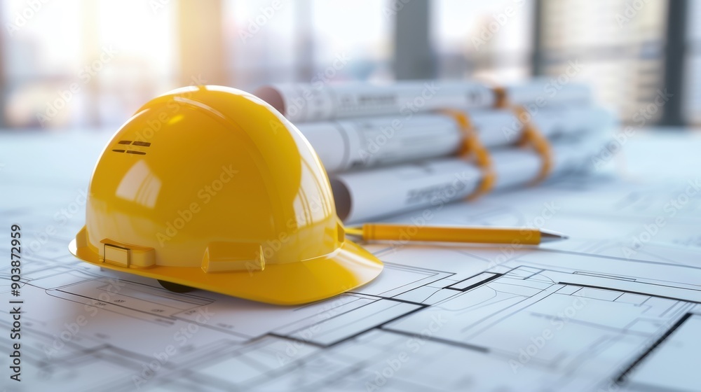 A bright yellow hard hat rests on architectural blueprints, alongside rolled-up plans and a pencil, symbolizing construction and engineering work A bright yellow hard hat rests on architectural blueprints, alongside rolled-up plans and a pencil, symbolizing construction and engineering work