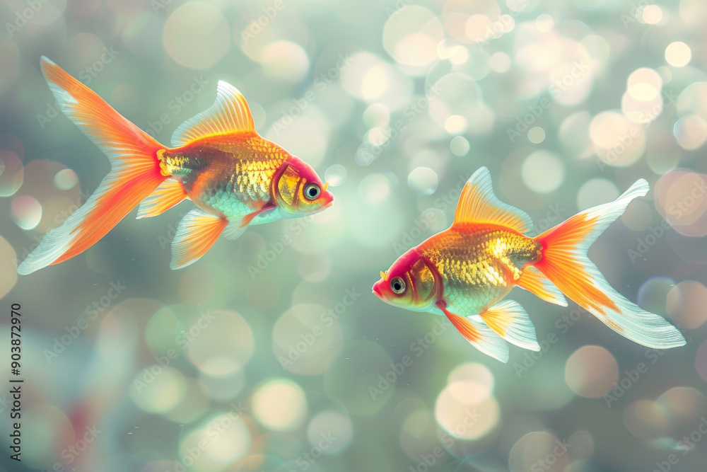 Two Goldfish Swimming in a Green and White Blurred Background Two Goldfish Swimming in a Green and White Blurred Background