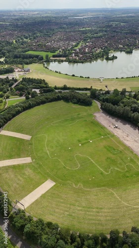 Aerial shot of MK Bowl, Furzton Lake and west Milton Keynes in the background, Milton Keynes