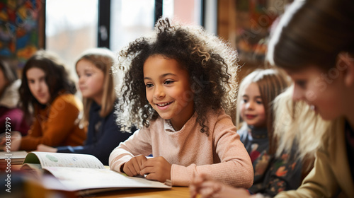 Multiethnic elementary school children actively engage in a teacher-led lesson in a classroom, photography.