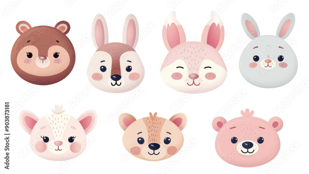 A set of cartoon animal faces with a variety of expressions. The faces include a rabbit, a bear, a deer, a rabbit, a bear, a deer, and a rabbit A set of cartoon animal faces with a variety of expressions. The faces include a rabbit, a bear, a deer, a rabbit, a bear, a deer, and a rabbit
