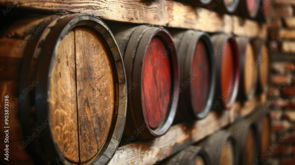 Row of aging oak barrels in a rustic cellar, highlighting traditional methods of aging wine or whiskey. Row of aging oak barrels in a rustic cellar, highlighting traditional methods of aging wine or whiskey.