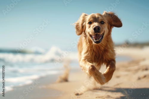 A happy golden retriever is joyfully running along a sandy beach, with waves crashing in the background and a clear blue sky above