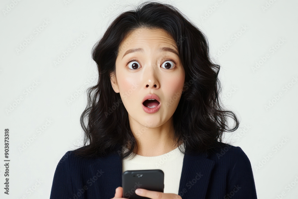 Japanese business woman with surprised expression while holding a cell phone Japanese business woman with surprised expression while holding a cell phone