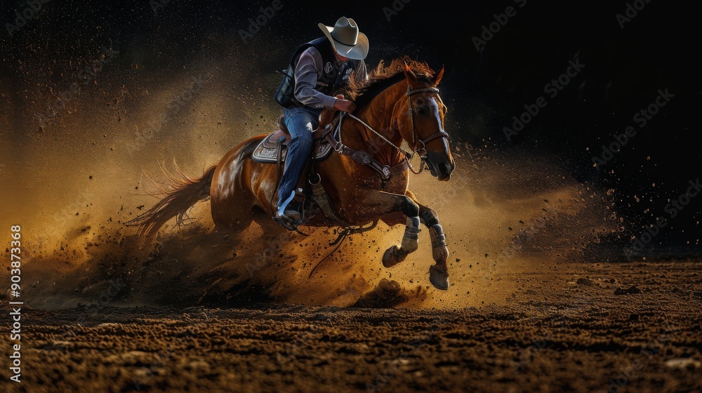A rider skillfully maneuvers a horse while kicking up dust, showcasing agility and speed in a well-lit outdoor arena during sunset. A rider skillfully maneuvers a horse while kicking up dust, showcasing agility and speed in a well-lit outdoor arena during sunset.