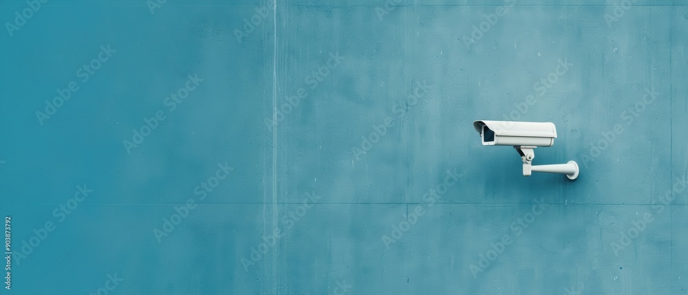 A white security camera is mounted on a minimalist blue wall, capturing surveillance footage