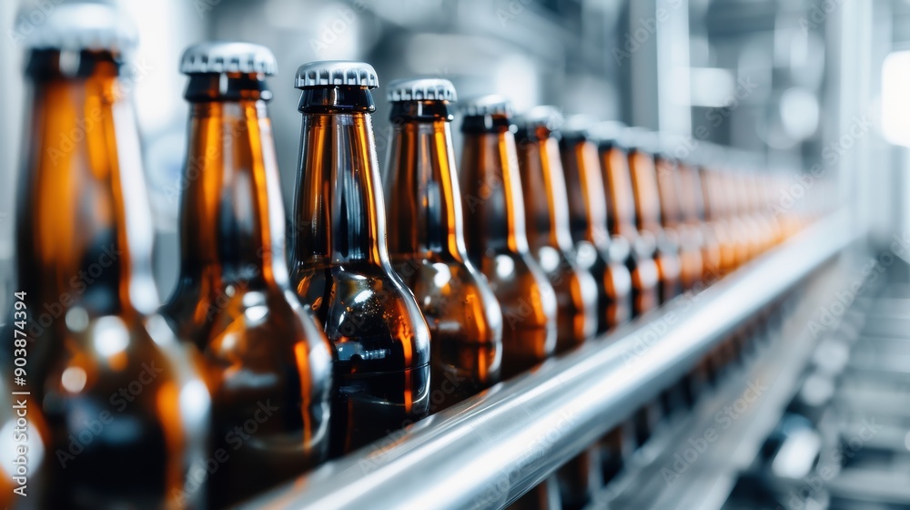 A production line of amber glass bottles, showcasing the bottling process in a brewery. The bottles are lined neatly, highlighting industrial efficiency and craftsmanship A production line of amber glass bottles, showcasing the bottling process in a brewery. The bottles are lined neatly, highlighting industrial efficiency and craftsmanship