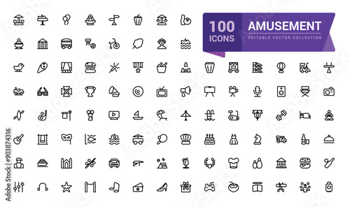 Amusement icon collection. Set of outline icons related to entertainment. Linear icon collection. Editable vector stroke.