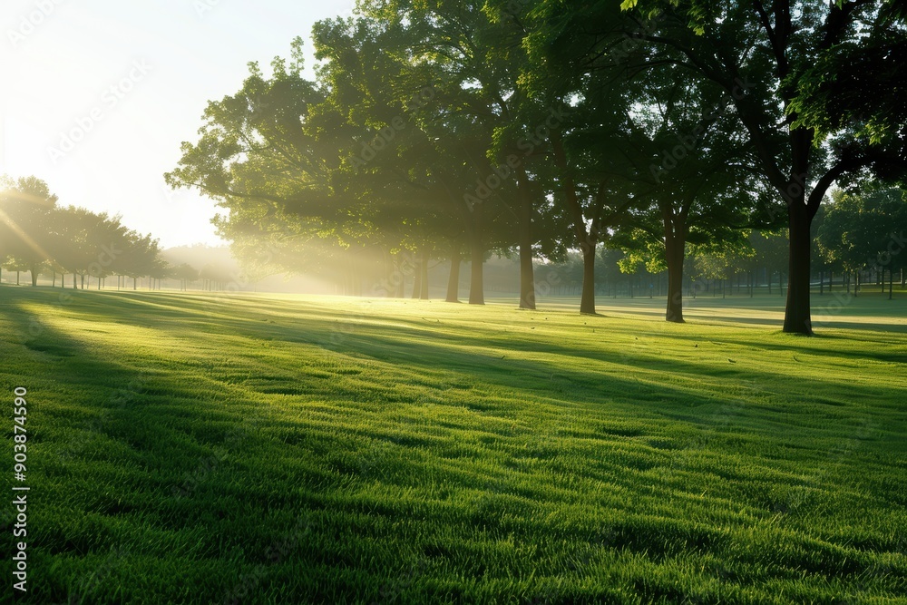 Obraz premium A serene morning scene featuring a sunlit grassy field with trees casting long shadows, creating a peaceful and tranquil atmosphere