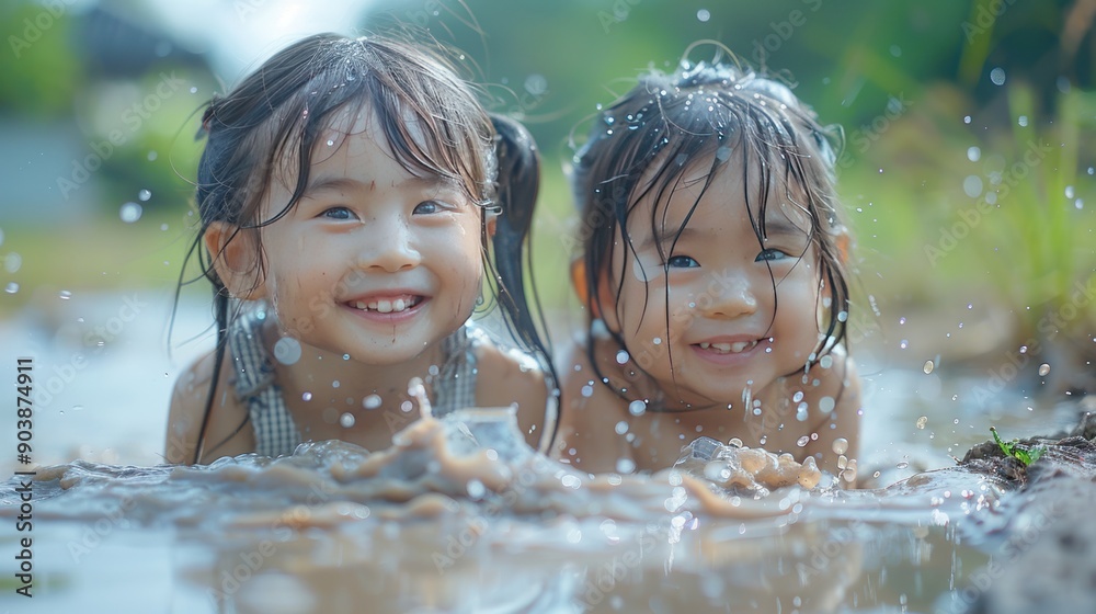 Two Little Girls Splashing in a Puddle Two Little Girls Splashing in a Puddle