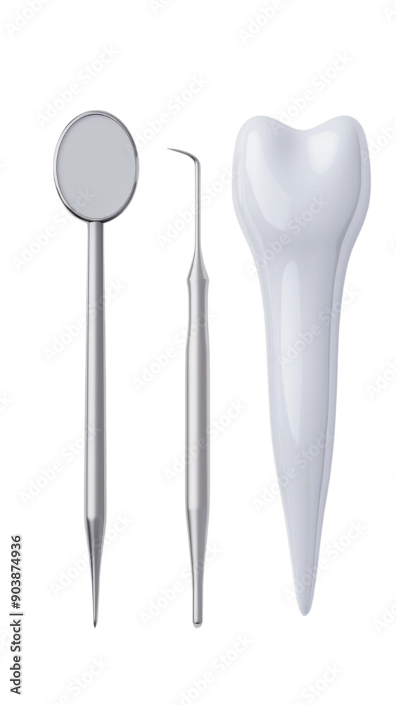 A set of dental tools including a mirror, probe, and scaler. Concept of professionalism and cleanliness, as the tools are all white and well-organized A set of dental tools including a mirror, probe, and scaler. Concept of professionalism and cleanliness, as the tools are all white and well-organized