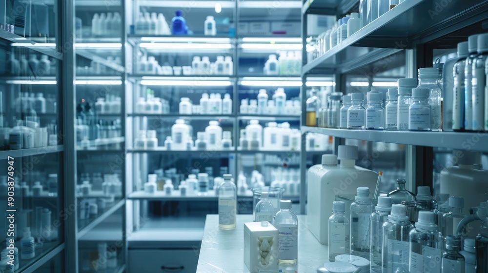 A Laboratory Workbench with Rows of Bottles and Containers A Laboratory Workbench with Rows of Bottles and Containers