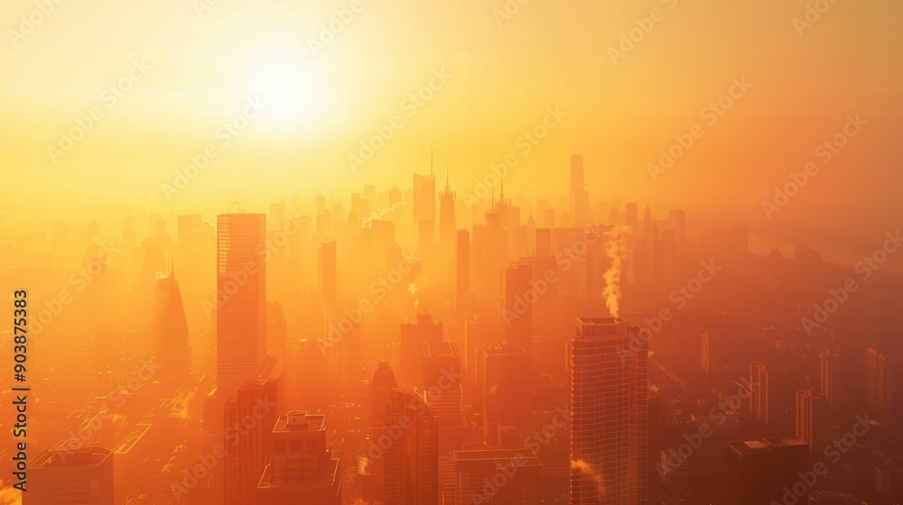 Sunset over a modern city skyline shrouded in orange mist, creating a dreamy, futuristic atmosphere. Sunset over a modern city skyline shrouded in orange mist, creating a dreamy, futuristic atmosphere.