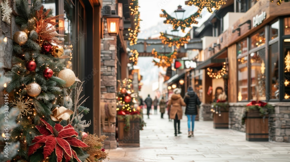 Fototapeta premium Festively decorated street with Christmas lights and decorations, and people strolling in the background, creating a warm holiday atmosphere.
