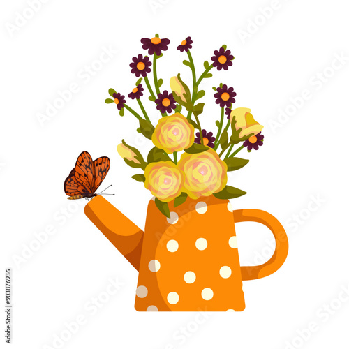 Colorful bouquet with autumn flowers and leaves in vintage vases and butterflies. Vector graphics.