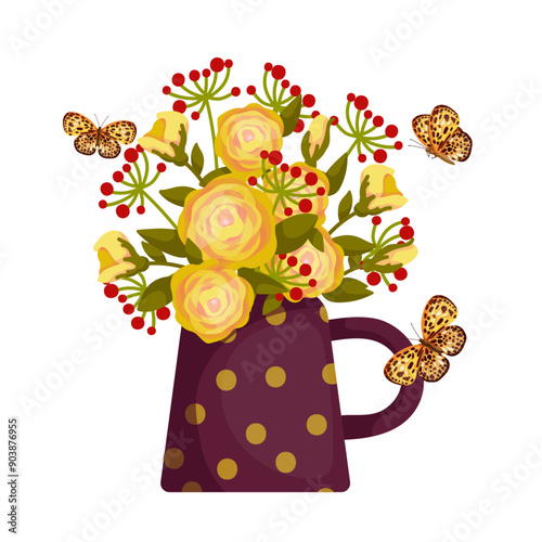 Colorful bouquet with autumn flowers and leaves in vintage vases and butterflies. Vector graphics.