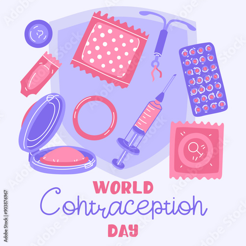 World Contraception Day, September. Various contraceptives for safe sex. patch, condom, injection, spiral, pills with blue shield. Methods of birth control. About sex education. flat illustration