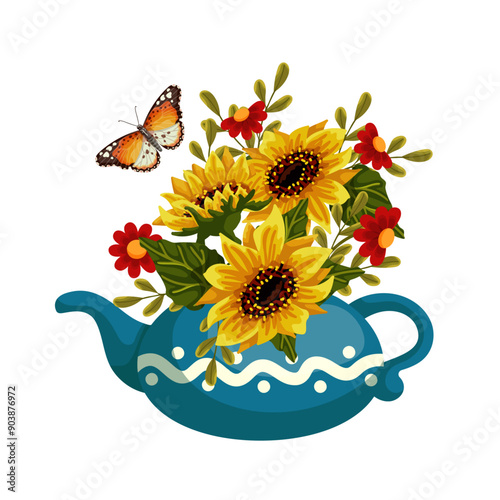 Colorful bouquet with autumn flowers and leaves in vintage vases and butterflies. Vector graphics.