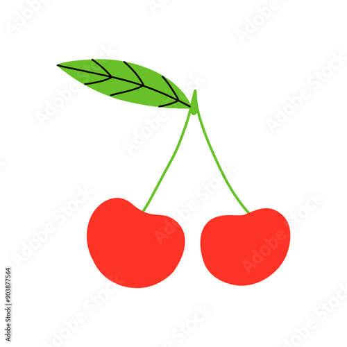 A cute pair of red cherries with a leaf on a white background.