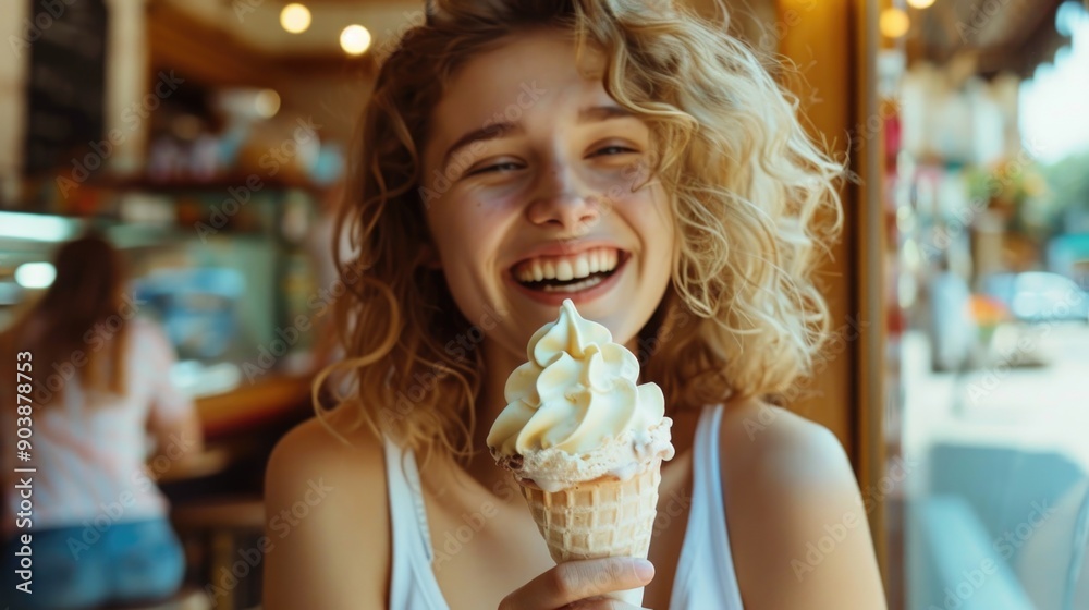 A woman holds an ice cream cone in front of her face, hiding from something A woman holds an ice cream cone in front of her face, hiding from something