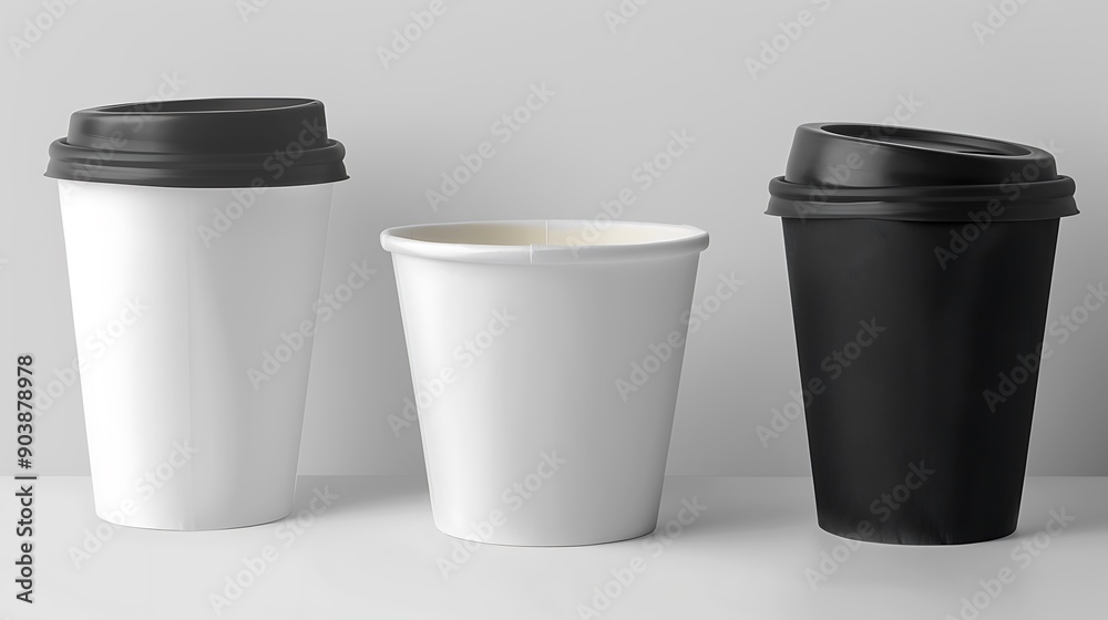 Isolated white and black paper coffee cups, lids on, displayed on a plain white surface for high-quality mockups. Isolated white and black paper coffee cups, lids on, displayed on a plain white surface for high-quality mockups.