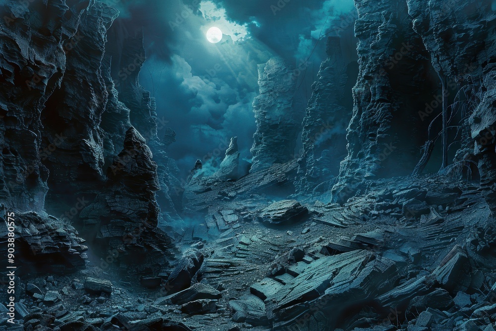 Mystical moonlit cavern with towering rock formations Mystical moonlit cavern with towering rock formations