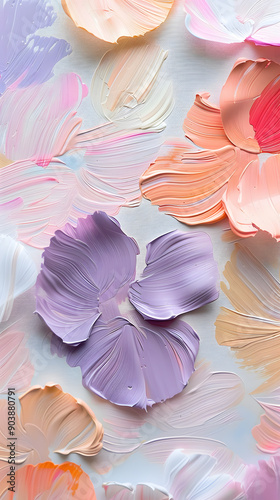 Colorful abstract brush strokes on a white background with a petal like pattern