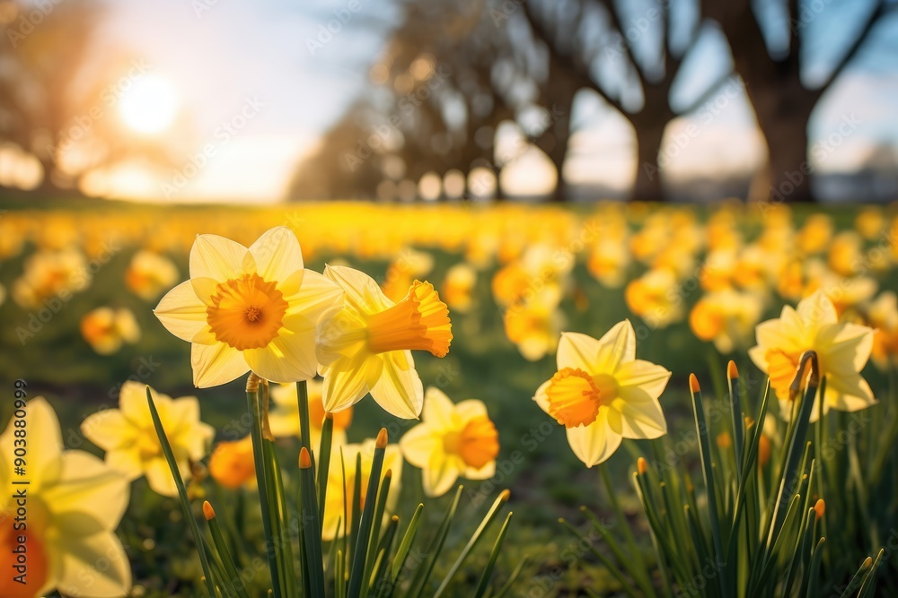 Fototapeta premium A beautiful field of yellow daffodils, with a blurred background