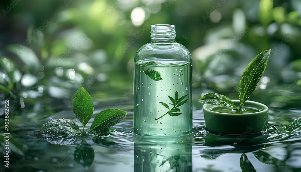 Green tea skincare serum in glass bottle full of antioxidants and skin barrier boosting ingredients such as glycerin, hyaluronic acid and EGCG. Watery serum for organic skin hydration concept Green tea skincare serum in glass bottle full of antioxidants and skin barrier boosting ingredients such as glycerin, hyaluronic acid and EGCG. Watery serum for organic skin hydration concept