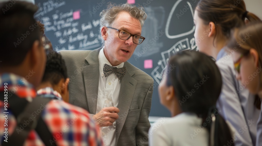 A teacher in a suit teaches math to a group of high school students in a classroom. A teacher in a suit teaches math to a group of high school students in a classroom.