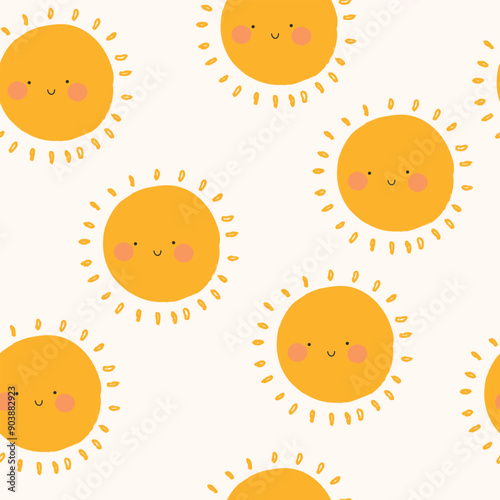 Vector Seamless Pattern with Cute Smiling Sun Kawaii Icons. Sky Background for Kids Fashion, Nursery, Baby Shower Scandinavian Design