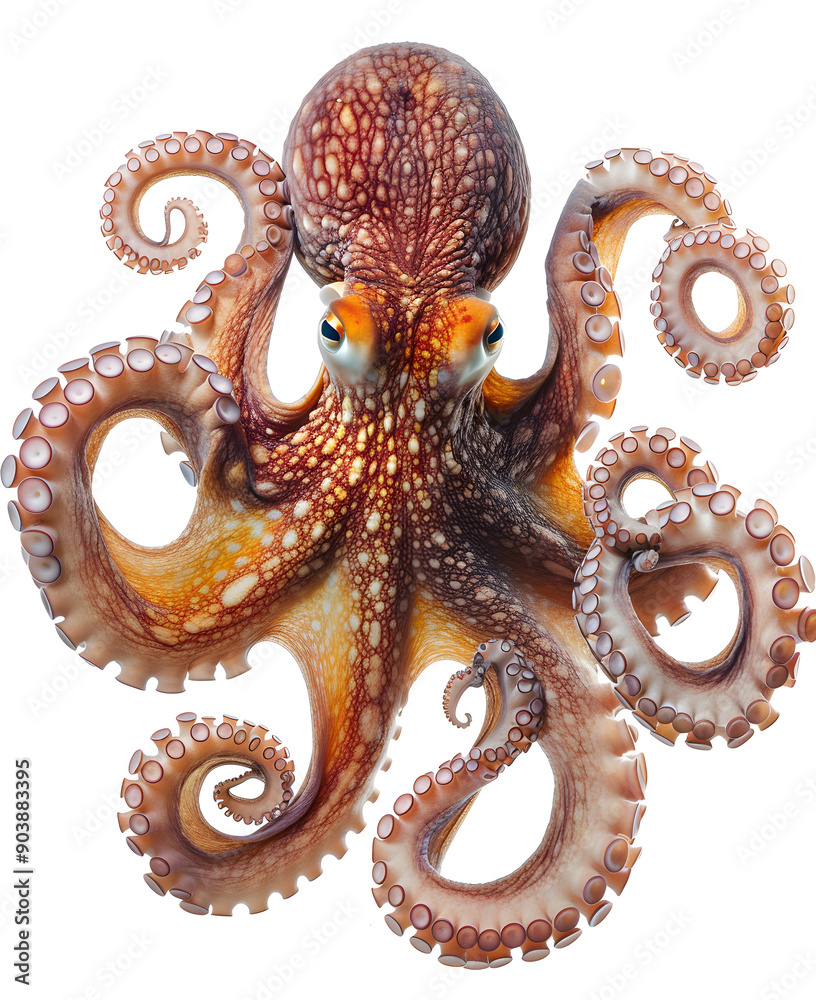 Close up of a detailed orange octopus tentacle on a white background