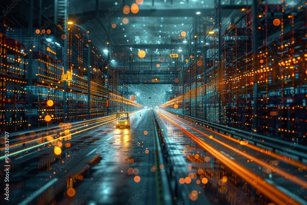 Technicians in a futuristic warehouse, smart logistics systems, automated forklifts, digital interfaces. Generative AI Technicians in a futuristic warehouse, smart logistics systems, automated forklifts, digital interfaces. Generative AI