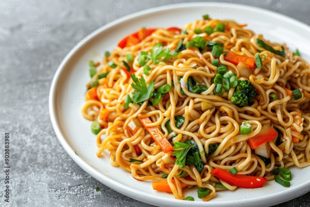 Steaming hot noodles with vegetables being served on white plate