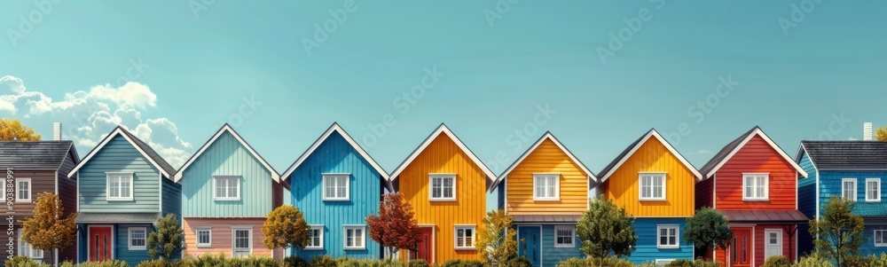 Brightly colored houses line a row in a residential neighborhood, Real estate, Banner Brightly colored houses line a row in a residential neighborhood, Real estate, Banner