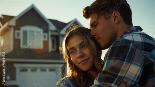 A couple embracing in front of a house, perfect for romantic moments photo