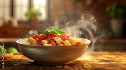 Savoring Tradition A steaming bowl of homemade pasta with vibrant tomato sauce and fragrant basil on a rustic Italian kitchen table