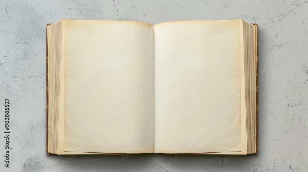 Naklejka premium Open book with blank pages on a white marble background. Top view.